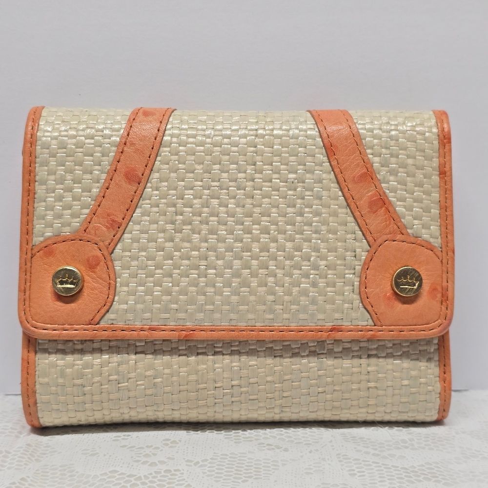Elaine Turner Straw And Orange Ostrich Embossed Leather Wallet Boho Chic Crown